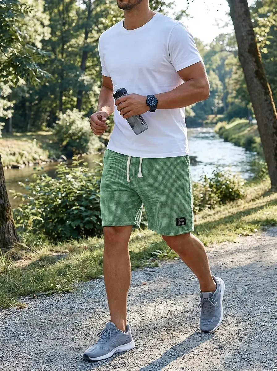 Close-up of waffle shorts with drawstring waistband