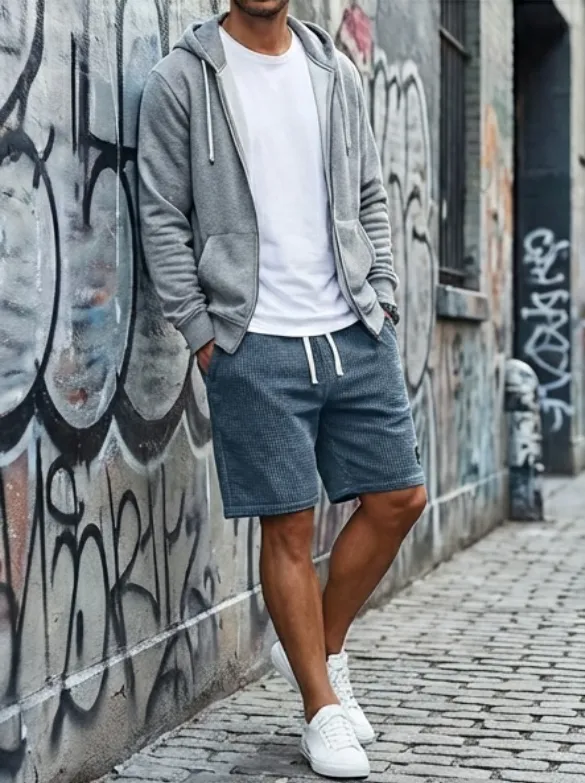 Man wearing beige waffle shorts on a British patio